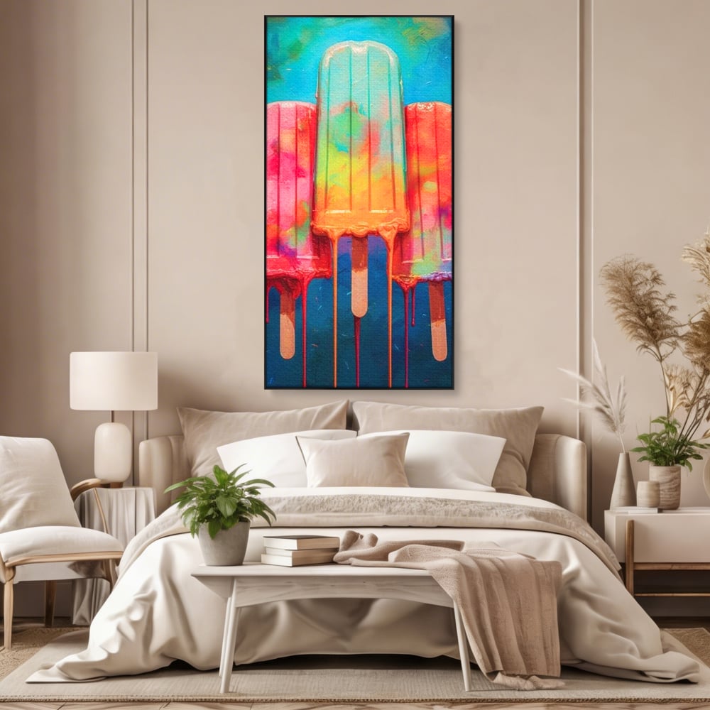 Tablou canvas cu pictura digitala cu trei inghetate pe bat colorate, in rama de aluminiu negru, pe perete intr-un dormitor
